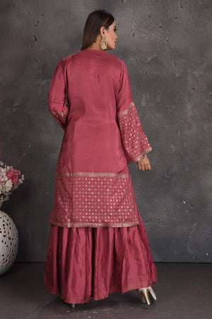 Shop beautiful rose pink designer palazzo suit online in USA with embroidered dupatta. Set a fashion statement at parties in designer dresses, Anarkali suits, designer lehengas, gowns, Indowestern dresses from Pure Elegance Indian fashion store in USA.-back