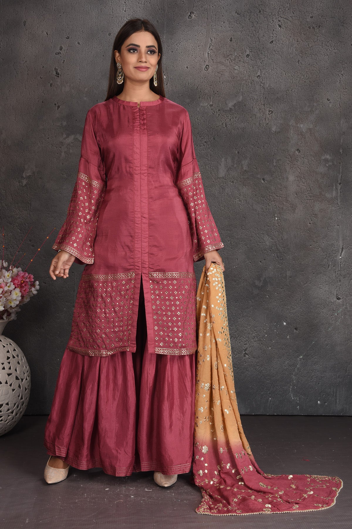 Shop beautiful rose pink designer palazzo suit online in USA with embroidered dupatta. Set a fashion statement at parties in designer dresses, Anarkali suits, designer lehengas, gowns, Indowestern dresses from Pure Elegance Indian fashion store in USA.-full view