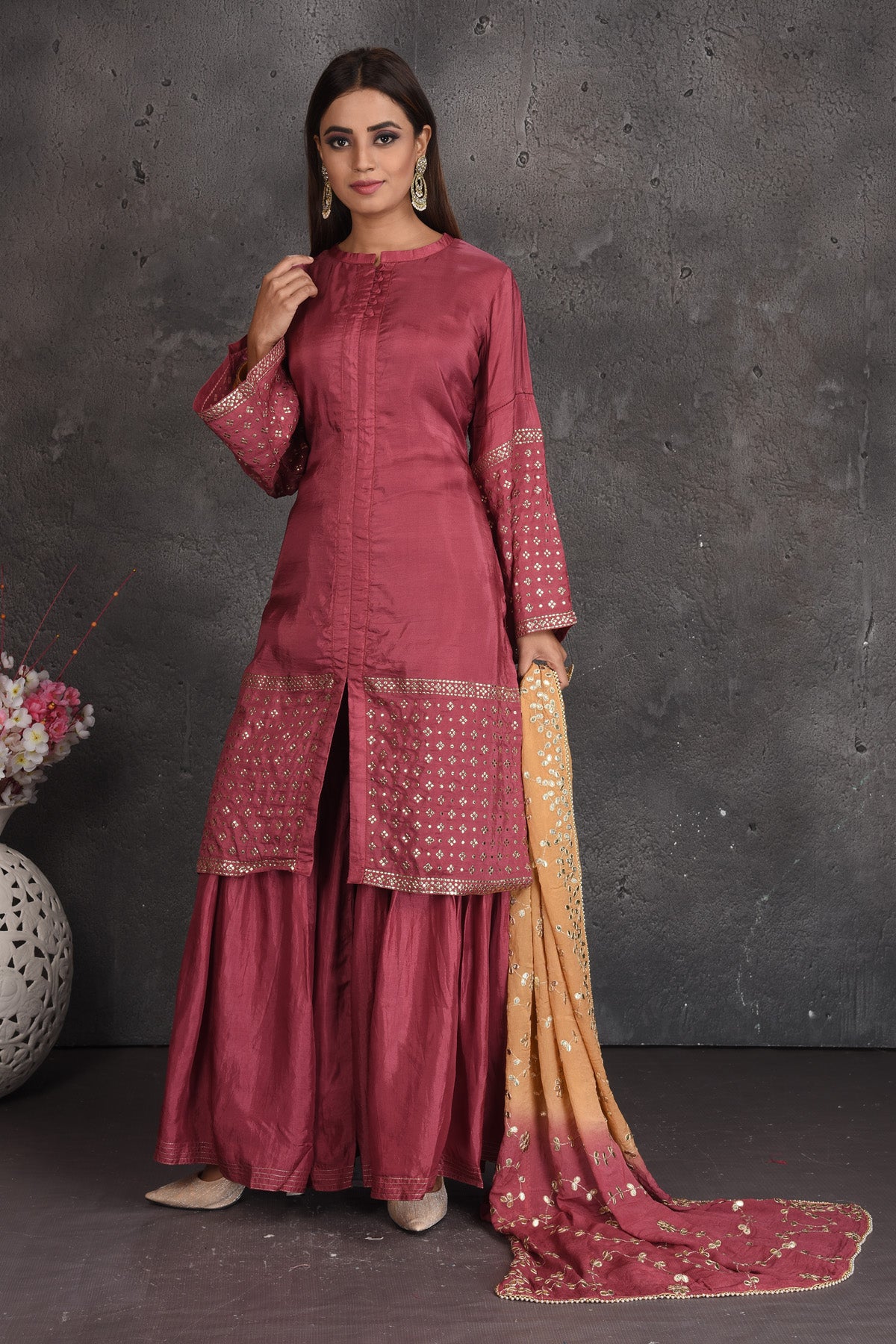 Shop beautiful rose pink designer palazzo suit online in USA with embroidered dupatta. Set a fashion statement at parties in designer dresses, Anarkali suits, designer lehengas, gowns, Indowestern dresses from Pure Elegance Indian fashion store in USA.-front
