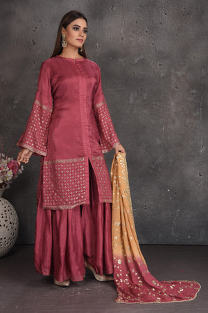 Shop beautiful rose pink designer palazzo suit online in USA with embroidered dupatta. Set a fashion statement at parties in designer dresses, Anarkali suits, designer lehengas, gowns, Indowestern dresses from Pure Elegance Indian fashion store in USA.-right