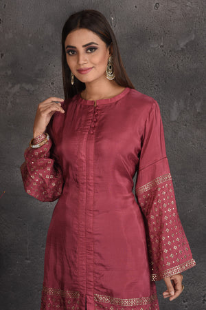 Shop beautiful rose pink designer palazzo suit online in USA with embroidered dupatta. Set a fashion statement at parties in designer dresses, Anarkali suits, designer lehengas, gowns, Indowestern dresses from Pure Elegance Indian fashion store in USA.-closeup