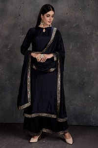 Buy beautiful black palazzo suit online in USA with golden border and dupatta. Set a fashion statement at parties in designer Indian dresses, Anarkali suits, designer lehengas, gowns, Indowestern dresses from Pure Elegance Indian fashion store in USA.-full view