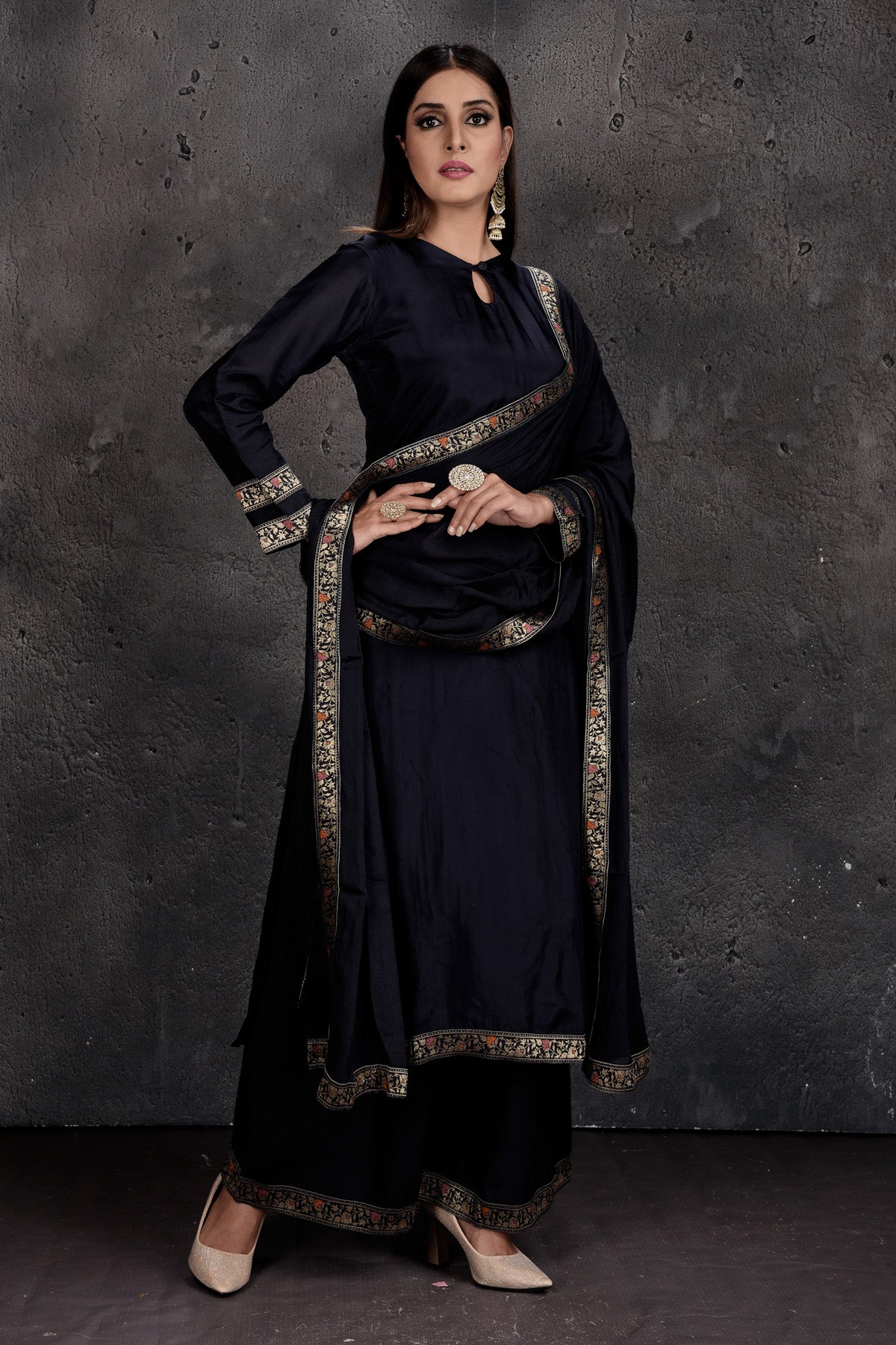 Buy beautiful black palazzo suit online in USA with golden border and dupatta. Set a fashion statement at parties in designer Indian dresses, Anarkali suits, designer lehengas, gowns, Indowestern dresses from Pure Elegance Indian fashion store in USA.-right