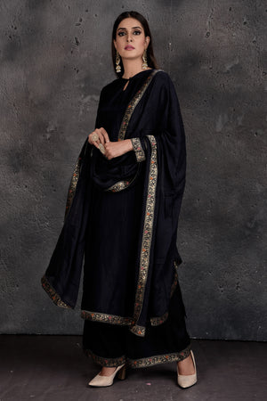 Buy beautiful black palazzo suit online in USA with golden border and dupatta. Set a fashion statement at parties in designer Indian dresses, Anarkali suits, designer lehengas, gowns, Indowestern dresses from Pure Elegance Indian fashion store in USA.-side