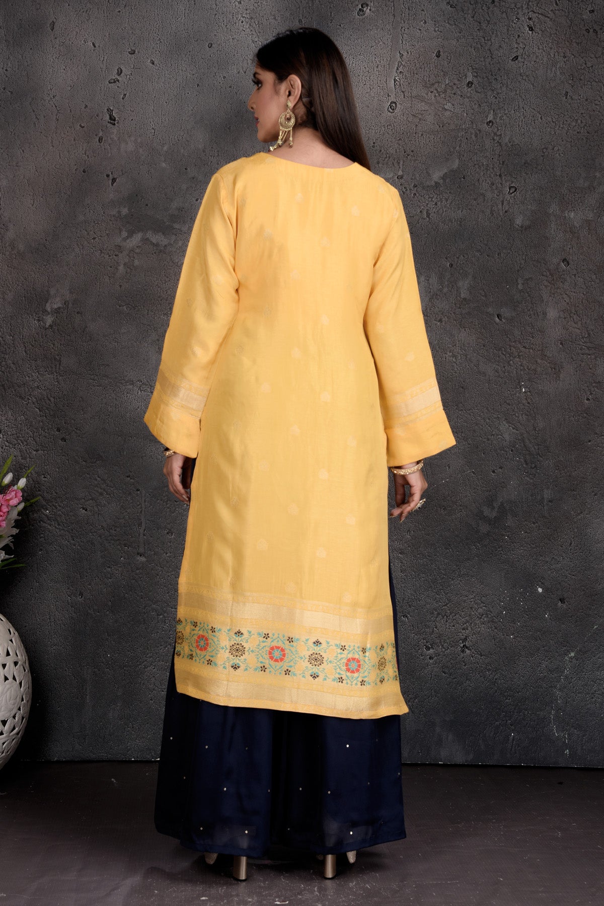 Buy beautiful yellow and black designer palazzo suit online in USA with golden border and dupatta. Set a fashion statement at parties in designer Indian dresses, Anarkali suits, designer lehengas, gowns, Indowestern dresses from Pure Elegance Indian fashion store in USA.-back