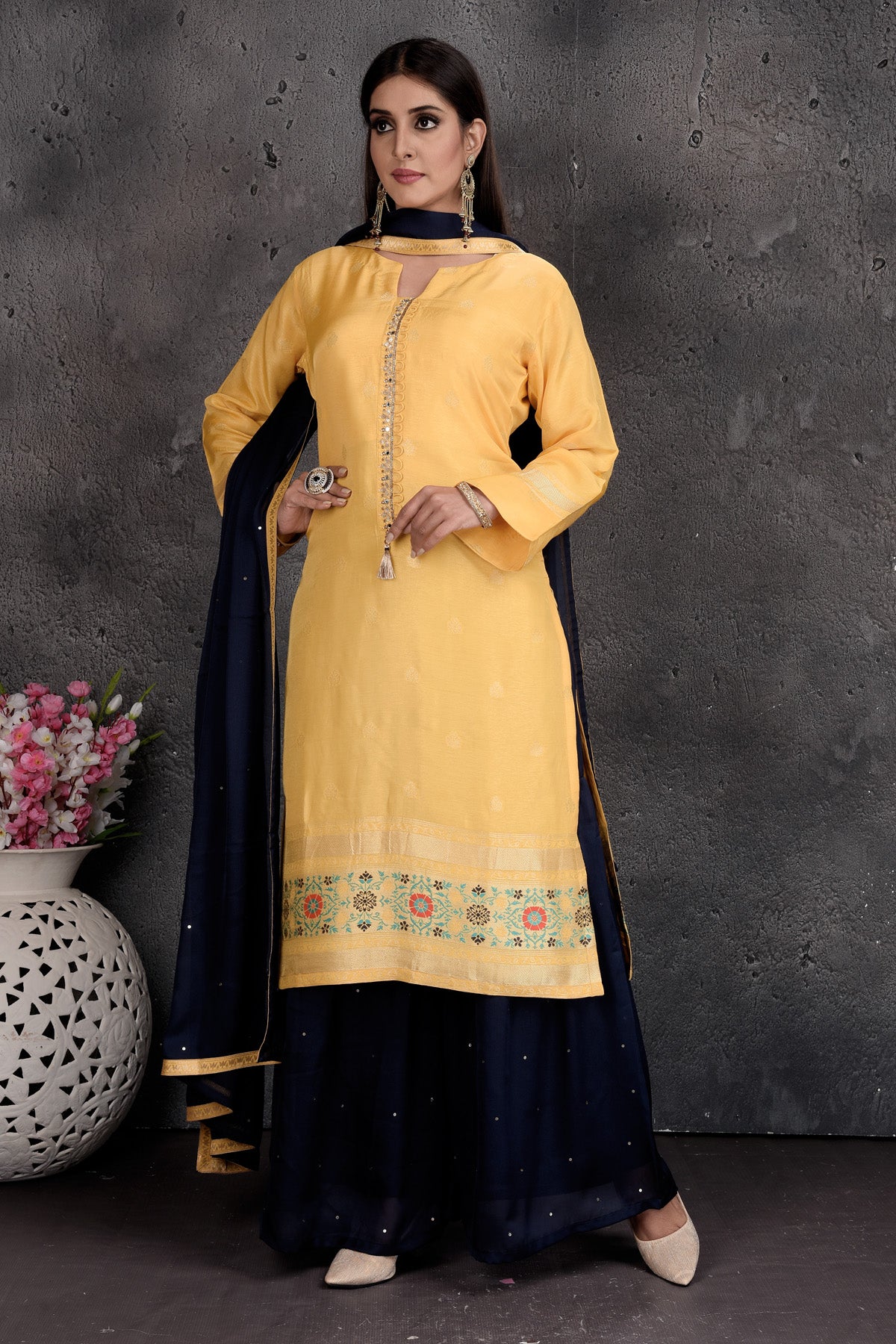 Buy beautiful yellow and black designer palazzo suit online in USA with golden border and dupatta. Set a fashion statement at parties in designer Indian dresses, Anarkali suits, designer lehengas, gowns, Indowestern dresses from Pure Elegance Indian fashion store in USA.-front