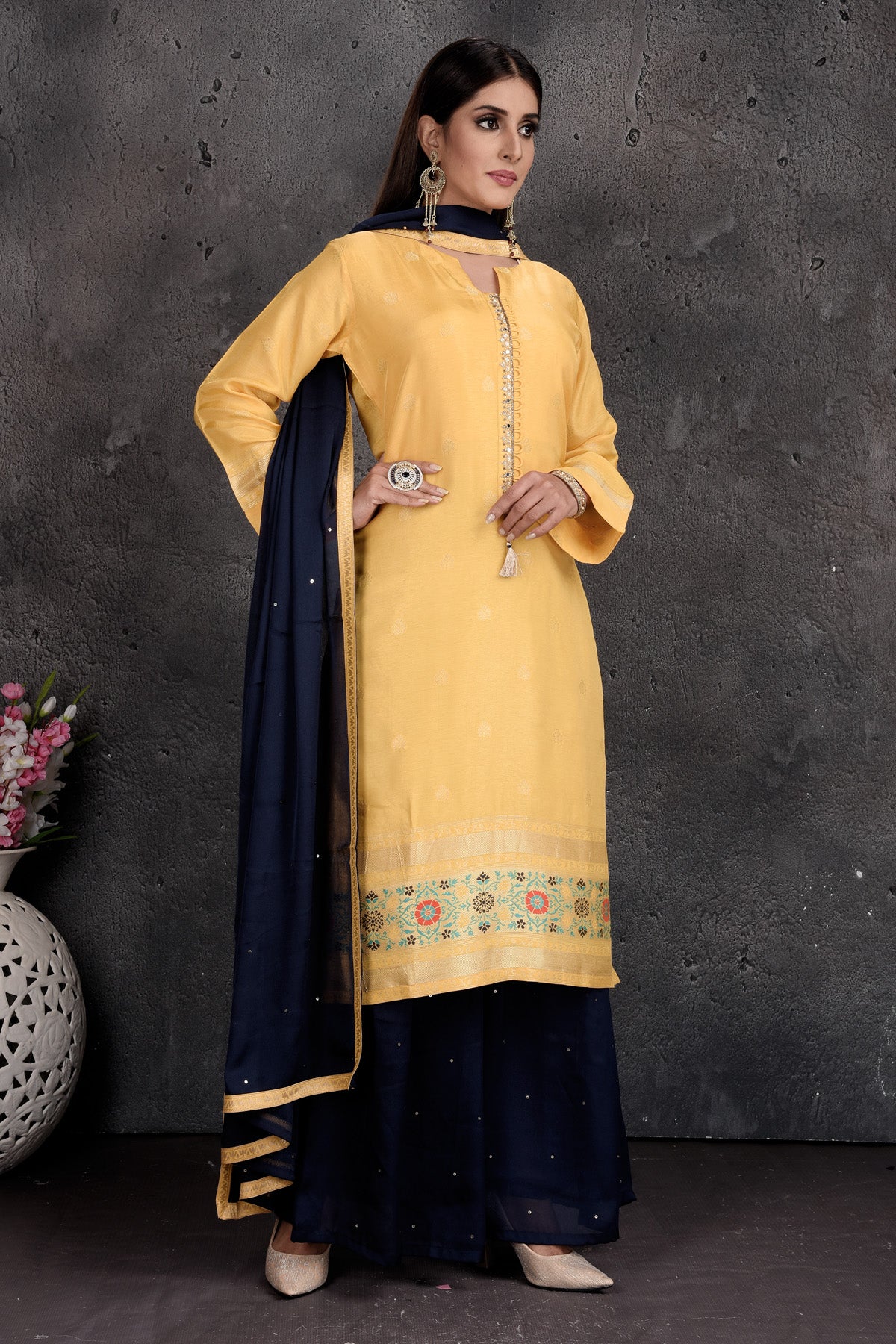 Buy beautiful yellow and black designer palazzo suit online in USA with golden border and dupatta. Set a fashion statement at parties in designer Indian dresses, Anarkali suits, designer lehengas, gowns, Indowestern dresses from Pure Elegance Indian fashion store in USA.-side