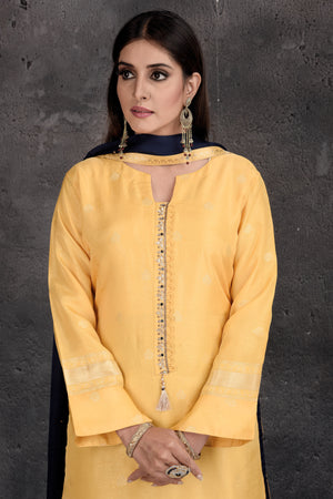 Buy beautiful yellow and black designer palazzo suit online in USA with golden border and dupatta. Set a fashion statement at parties in designer Indian dresses, Anarkali suits, designer lehengas, gowns, Indowestern dresses from Pure Elegance Indian fashion store in USA.-closeup