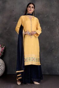 Buy beautiful yellow and black designer palazzo suit online in USA with golden border and dupatta. Set a fashion statement at parties in designer Indian dresses, Anarkali suits, designer lehengas, gowns, Indowestern dresses from Pure Elegance Indian fashion store in USA.-full view
