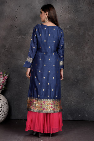 Buy stunning royal blue and pink embroidered palazzo suit online in USA with golden border and dupatta. Set a fashion statement at parties in designer Indian dresses, Anarkali suits, designer lehengas, gowns, Indowestern dresses from Pure Elegance Indian fashion store in USA.-back