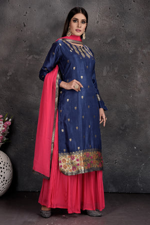Buy stunning royal blue and pink embroidered palazzo suit online in USA with golden border and dupatta. Set a fashion statement at parties in designer Indian dresses, Anarkali suits, designer lehengas, gowns, Indowestern dresses from Pure Elegance Indian fashion store in USA.-side