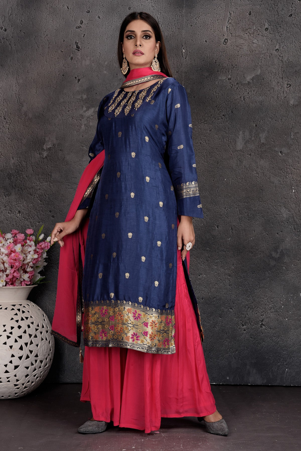 Buy stunning royal blue and pink embroidered palazzo suit online in USA with golden border and dupatta. Set a fashion statement at parties in designer Indian dresses, Anarkali suits, designer lehengas, gowns, Indowestern dresses from Pure Elegance Indian fashion store in USA.-left
