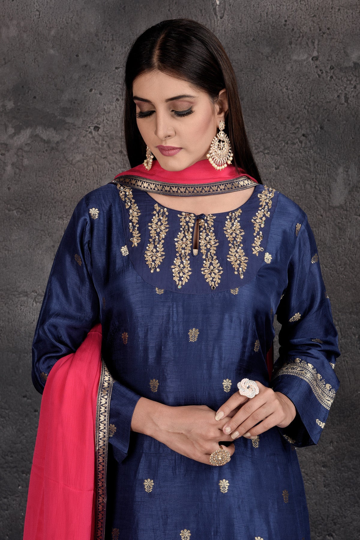 Buy stunning royal blue and pink embroidered palazzo suit online in USA with golden border and dupatta. Set a fashion statement at parties in designer Indian dresses, Anarkali suits, designer lehengas, gowns, Indowestern dresses from Pure Elegance Indian fashion store in USA.-closeup
