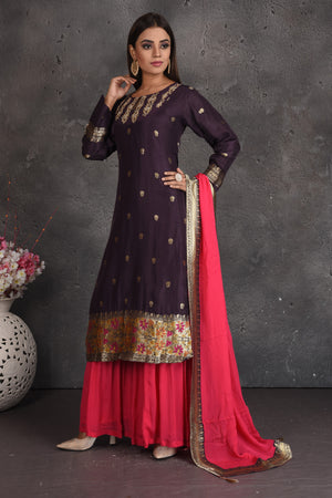 Shop beautiful purple and pink embroidered palazzo suit online in USA with dupatta. Set a fashion statement at parties in designer dresses, Anarkali suits, designer lehengas, gowns, Indowestern dresses from Pure Elegance Indian fashion store in USA.-left