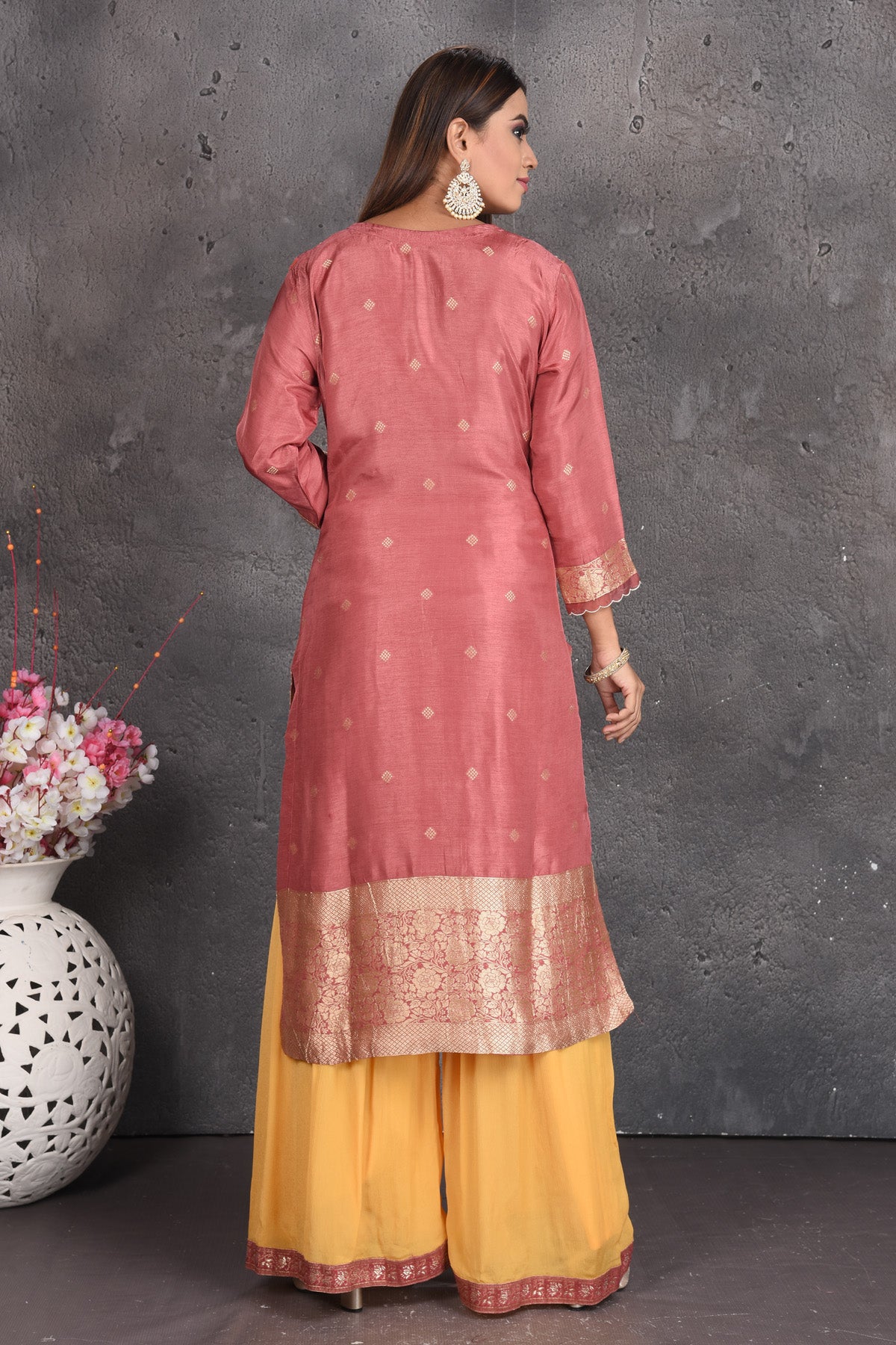 Buy stunning dusty pink and yellow palazzo suit online in USA with dupatta. Set a fashion statement at parties in designer dresses, Anarkali suits, designer lehengas, gowns, Indowestern dresses from Pure Elegance Indian fashion store in USA.-back