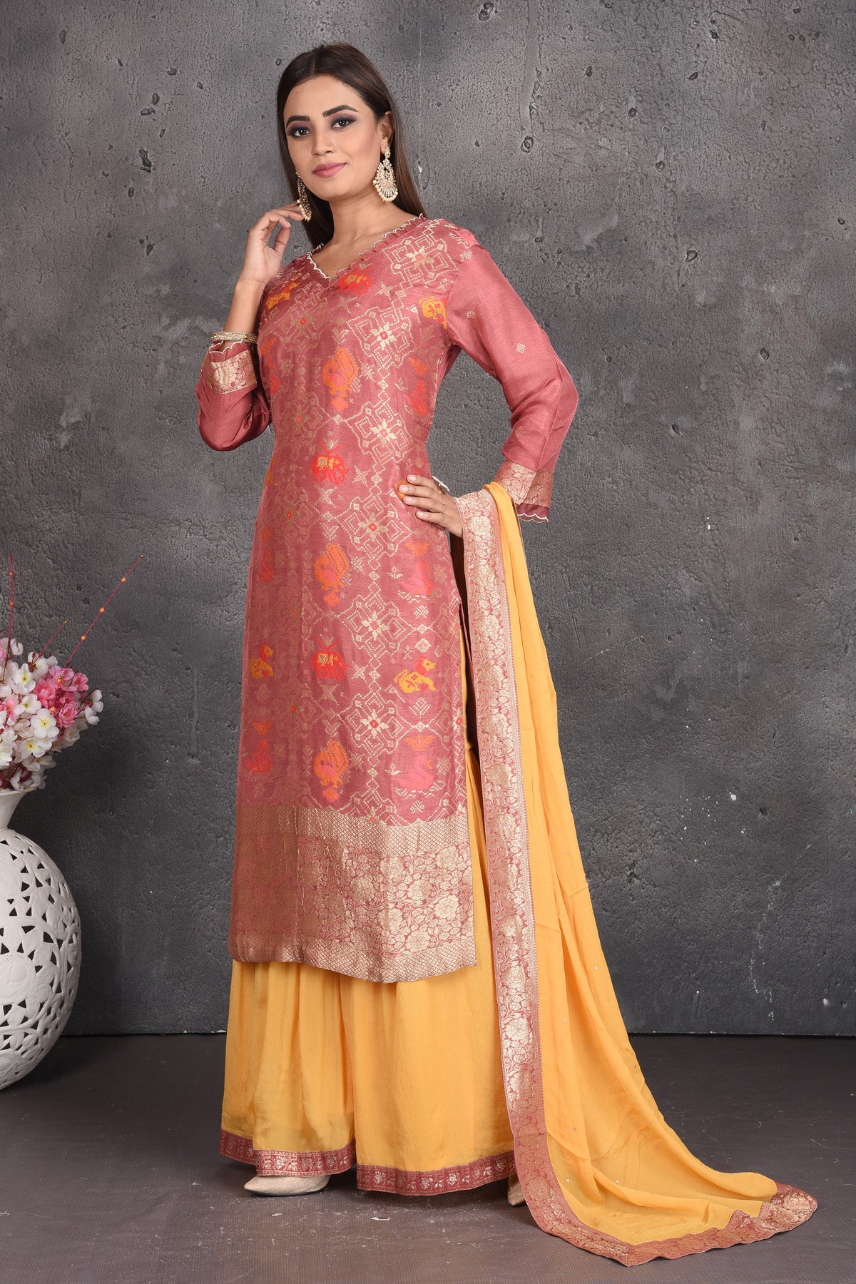 Buy stunning dusty pink and yellow palazzo suit online in USA with dupatta. Set a fashion statement at parties in designer dresses, Anarkali suits, designer lehengas, gowns, Indowestern dresses from Pure Elegance Indian fashion store in USA.-side