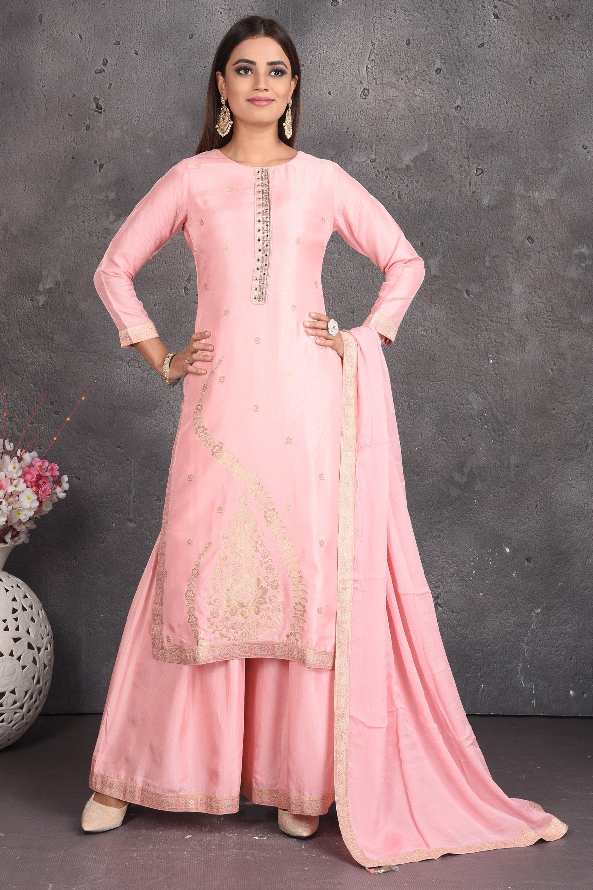 Buy beautiful powder pink embroidered palazzo suit online in USA with dupatta. Set a fashion statement at parties in designer dresses, Anarkali suits, designer lehengas, gowns, Indowestern dresses from Pure Elegance Indian fashion store in USA.-full view