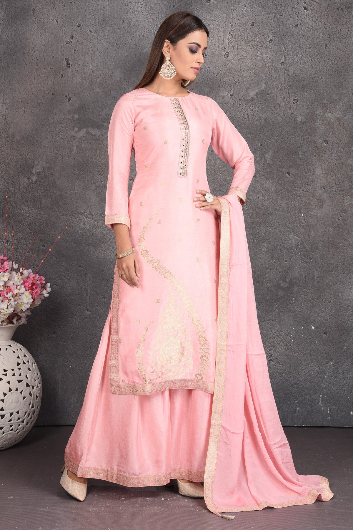 Buy beautiful powder pink embroidered palazzo suit online in USA with dupatta. Set a fashion statement at parties in designer dresses, Anarkali suits, designer lehengas, gowns, Indowestern dresses from Pure Elegance Indian fashion store in USA.-side