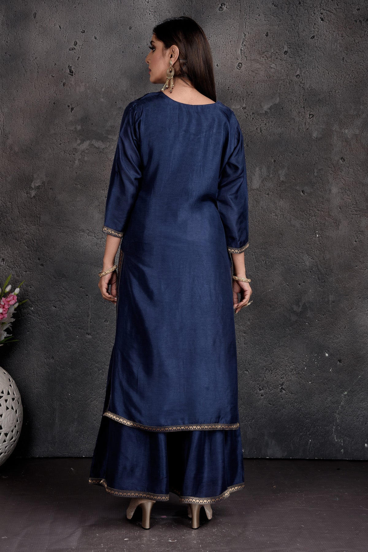Buy stunning dark blue embroidered palazzo suit online in USA with dupatta. Set a fashion statement at parties in designer Indian dresses, Anarkali suits, designer lehengas, gowns, Indowestern dresses from Pure Elegance Indian fashion store in USA.-back