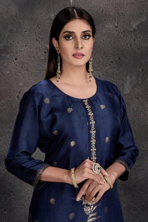 Buy stunning dark blue embroidered palazzo suit online in USA with dupatta. Set a fashion statement at parties in designer Indian dresses, Anarkali suits, designer lehengas, gowns, Indowestern dresses from Pure Elegance Indian fashion store in USA.-closeup