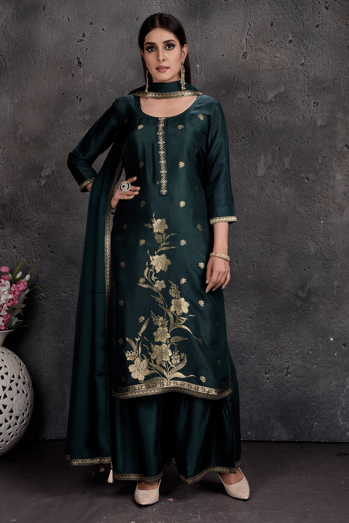 Shop beautiful bottle green embroidered palazzo suit online in USA with dupatta. Set a fashion statement at parties in designer Indian dresses, Anarkali suits, designer lehengas, gowns, Indowestern dresses from Pure Elegance Indian fashion store in USA.-full view