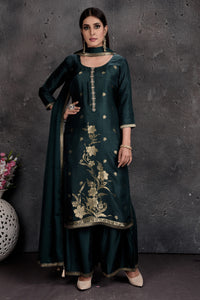 Shop beautiful bottle green embroidered palazzo suit online in USA with dupatta. Set a fashion statement at parties in designer Indian dresses, Anarkali suits, designer lehengas, gowns, Indowestern dresses from Pure Elegance Indian fashion store in USA.-full view