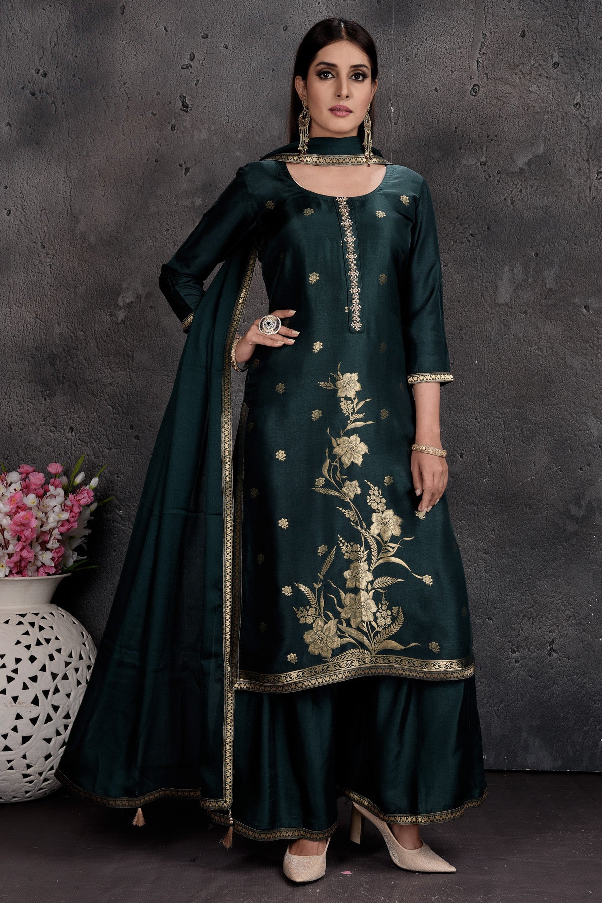 Shop beautiful bottle green embroidered palazzo suit online in USA with dupatta. Set a fashion statement at parties in designer Indian dresses, Anarkali suits, designer lehengas, gowns, Indowestern dresses from Pure Elegance Indian fashion store in USA.-front