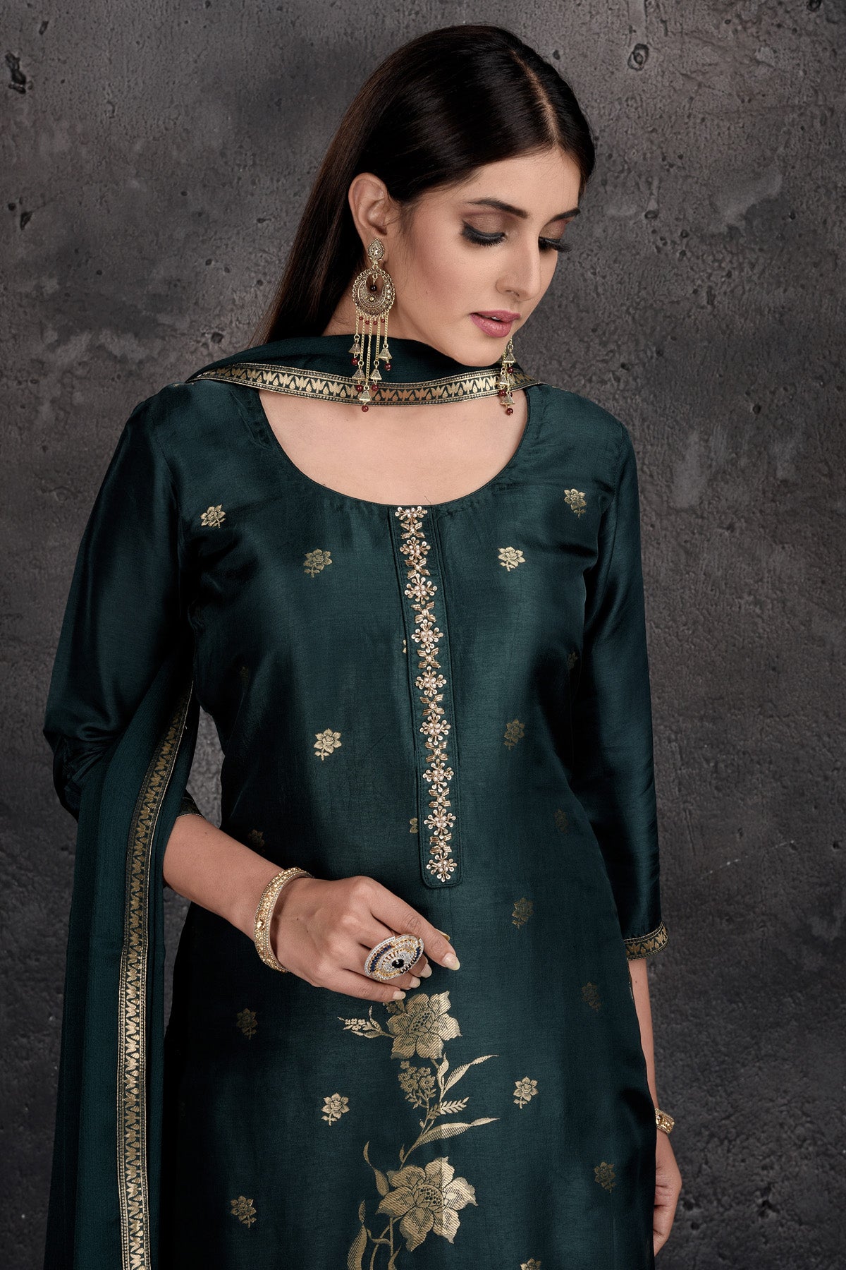 Shop beautiful bottle green embroidered palazzo suit online in USA with dupatta. Set a fashion statement at parties in designer Indian dresses, Anarkali suits, designer lehengas, gowns, Indowestern dresses from Pure Elegance Indian fashion store in USA.-closeup
