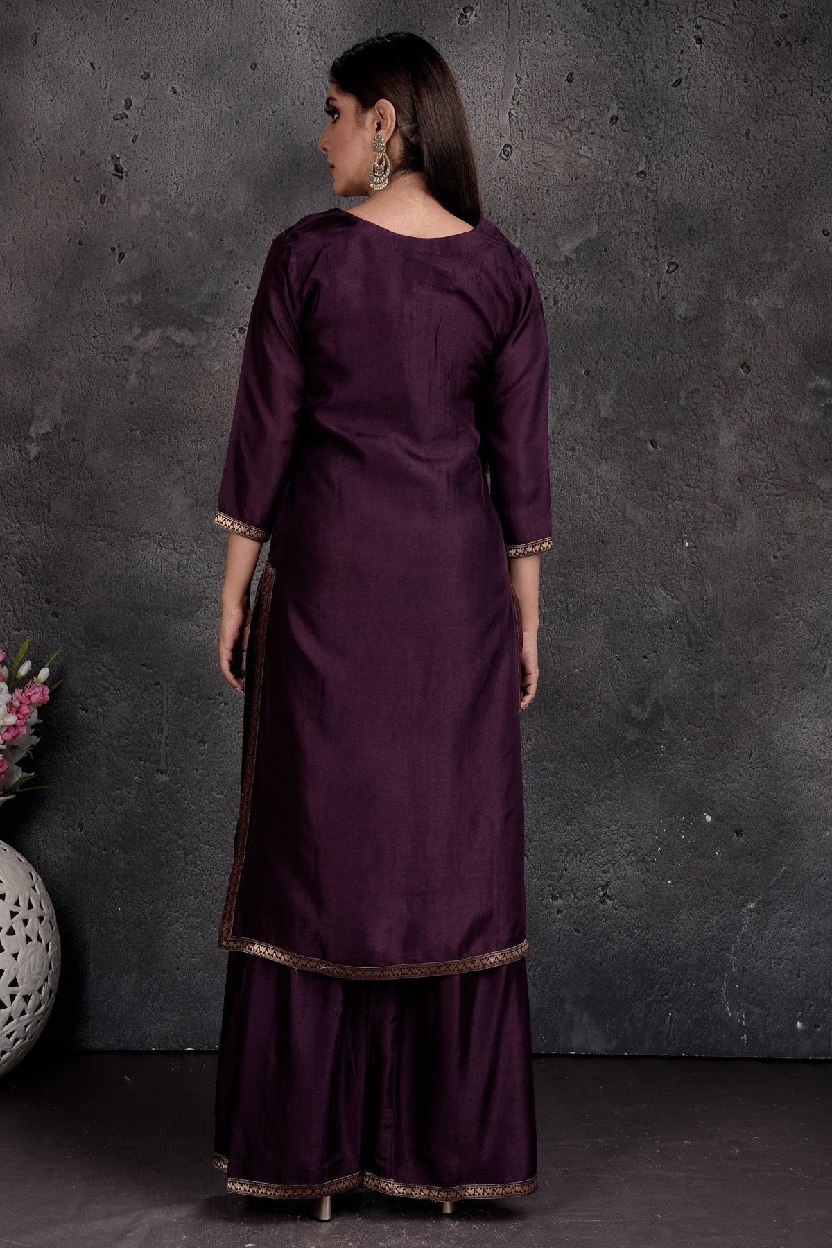 Buy beautiful dark purple embroidered palazzo suit online in USA with dupatta. Set a fashion statement at parties in designer Indian dresses, Anarkali suits, designer lehengas, gowns, Indowestern dresses from Pure Elegance Indian fashion store in USA.-back