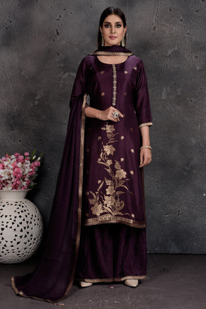 Buy beautiful dark purple embroidered palazzo suit online in USA with dupatta. Set a fashion statement at parties in designer Indian dresses, Anarkali suits, designer lehengas, gowns, Indowestern dresses from Pure Elegance Indian fashion store in USA.-front