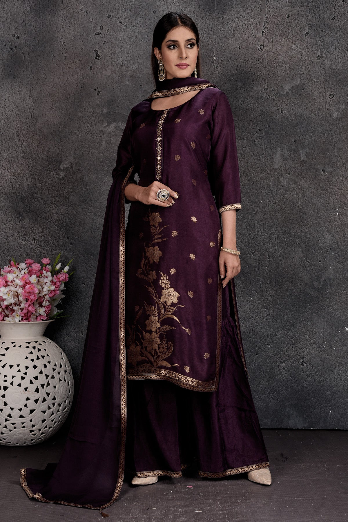 Buy beautiful dark purple embroidered palazzo suit online in USA with dupatta. Set a fashion statement at parties in designer Indian dresses, Anarkali suits, designer lehengas, gowns, Indowestern dresses from Pure Elegance Indian fashion store in USA.-full view