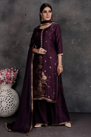 Buy beautiful dark purple embroidered palazzo suit online in USA with dupatta. Set a fashion statement at parties in designer Indian dresses, Anarkali suits, designer lehengas, gowns, Indowestern dresses from Pure Elegance Indian fashion store in USA.-full view