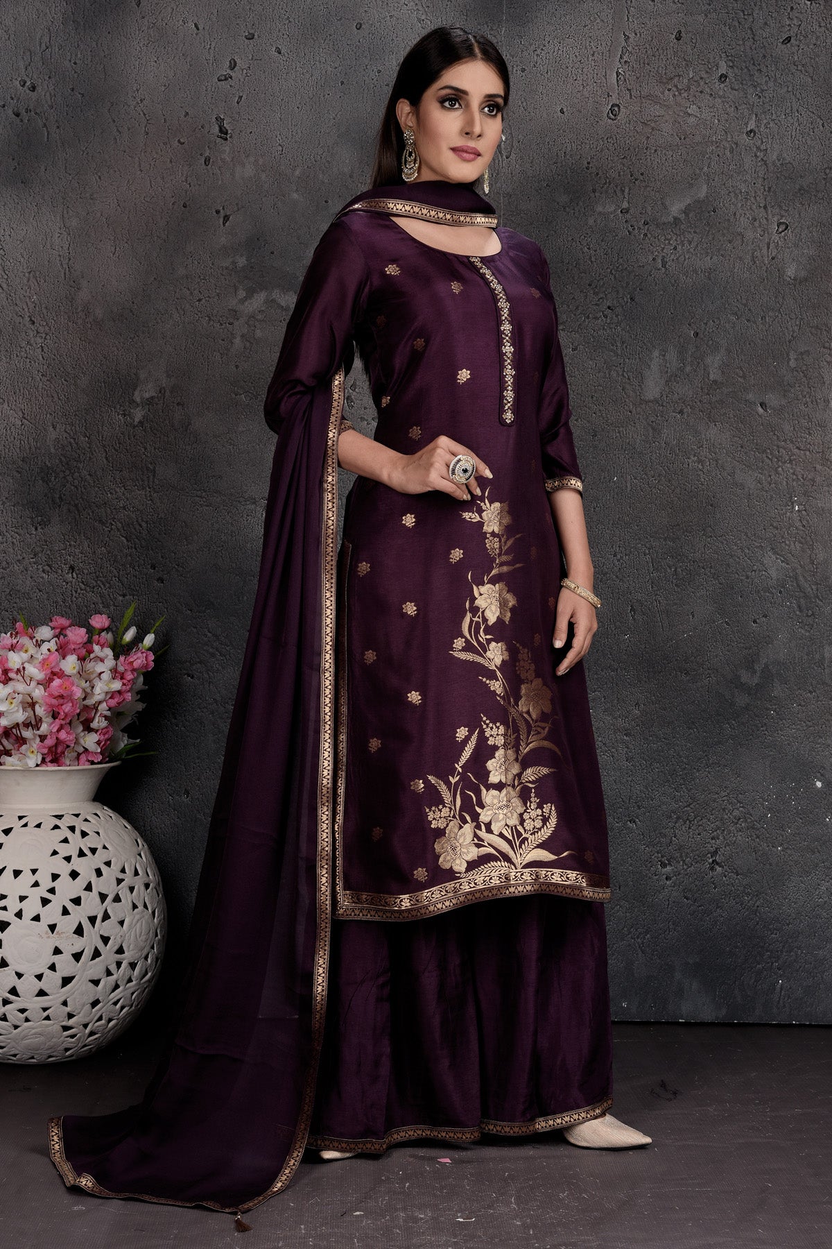 Buy beautiful dark purple embroidered palazzo suit online in USA with dupatta. Set a fashion statement at parties in designer Indian dresses, Anarkali suits, designer lehengas, gowns, Indowestern dresses from Pure Elegance Indian fashion store in USA.-side