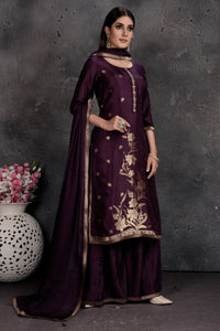 Buy beautiful dark purple embroidered palazzo suit online in USA with dupatta. Set a fashion statement at parties in designer Indian dresses, Anarkali suits, designer lehengas, gowns, Indowestern dresses from Pure Elegance Indian fashion store in USA.-side