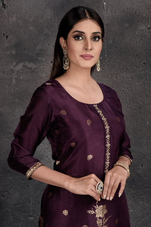 Buy beautiful dark purple embroidered palazzo suit online in USA with dupatta. Set a fashion statement at parties in designer Indian dresses, Anarkali suits, designer lehengas, gowns, Indowestern dresses from Pure Elegance Indian fashion store in USA.-closeup