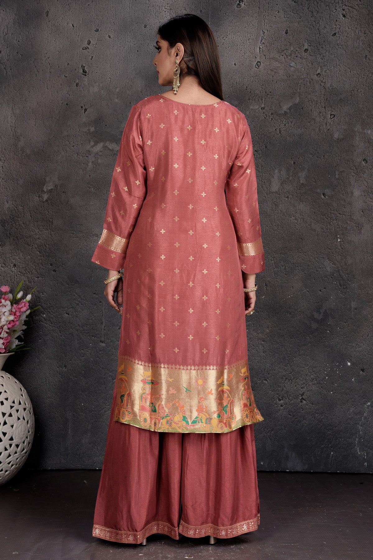 Buy gorgeous blush pink embroidered sharara suit online in USA with dupatta. Set a fashion statement at parties in designer Indian dresses, Anarkali suits, designer lehengas, gowns, Indowestern dresses from Pure Elegance Indian fashion store in USA.-back
