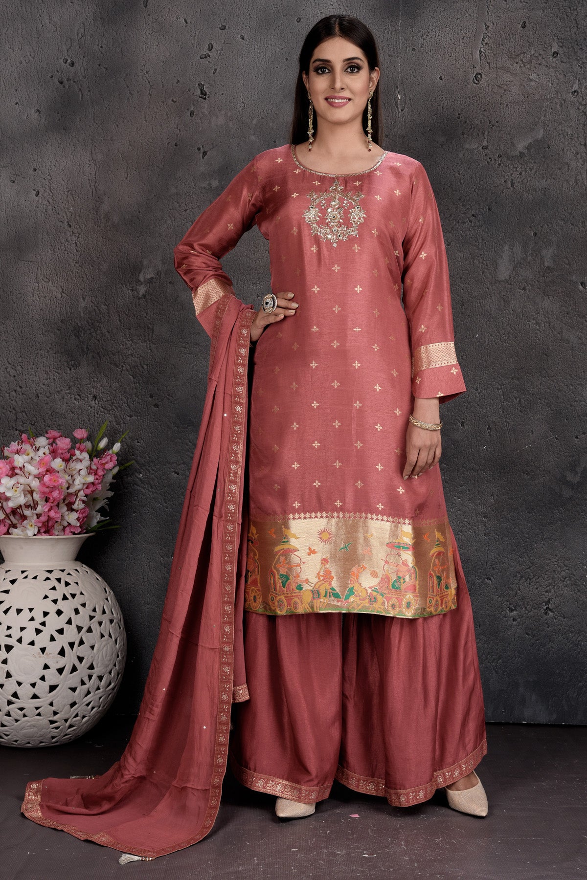 Buy gorgeous blush pink embroidered sharara suit online in USA with dupatta. Set a fashion statement at parties in designer Indian dresses, Anarkali suits, designer lehengas, gowns, Indowestern dresses from Pure Elegance Indian fashion store in USA.full view