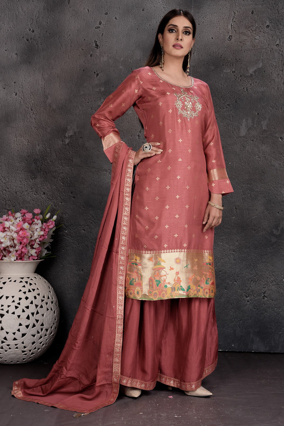 Buy gorgeous blush pink embroidered sharara suit online in USA with dupatta. Set a fashion statement at parties in designer Indian dresses, Anarkali suits, designer lehengas, gowns, Indowestern dresses from Pure Elegance Indian fashion store in USA.-side