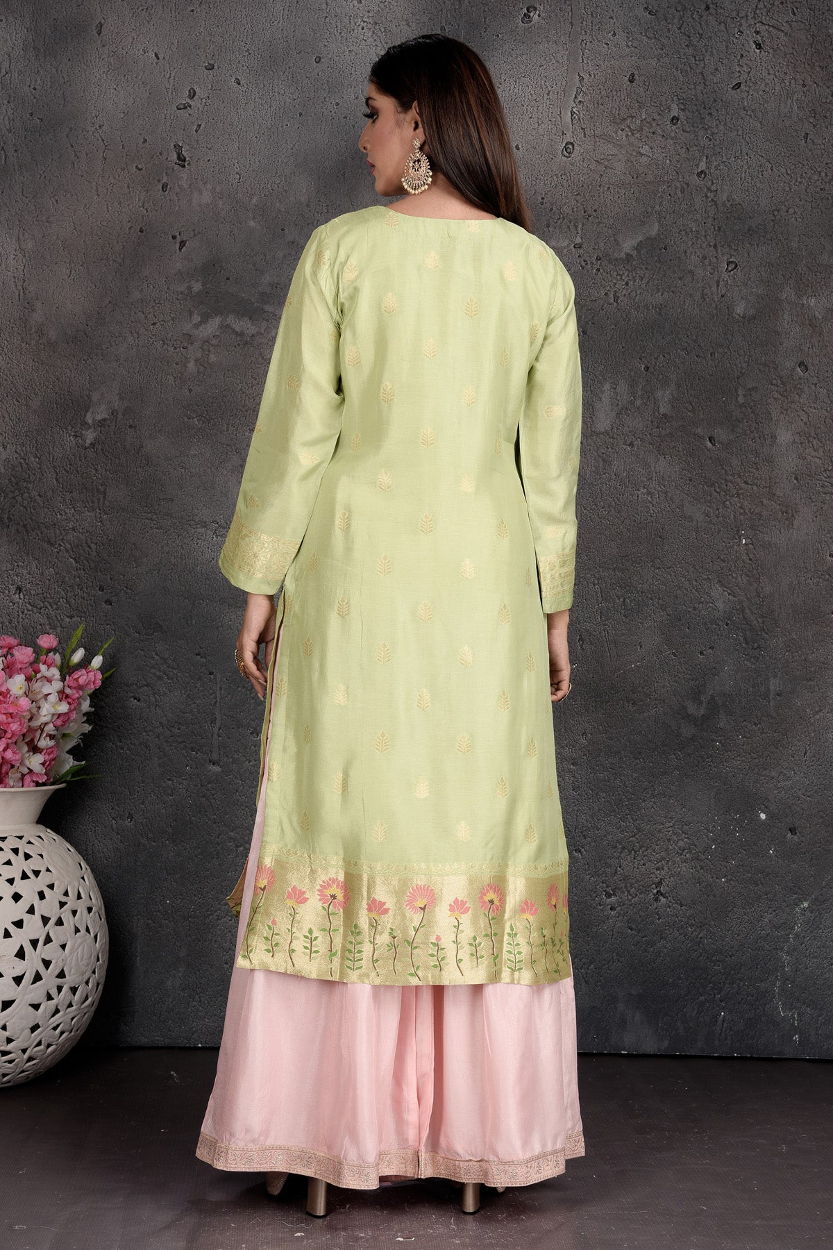 Buy stunning mint green and powder pink embroidered suit online in USA with dupatta. Set a fashion statement at parties in designer Indian dresses, Anarkali suits, designer lehengas, gowns, Indowestern dresses from Pure Elegance Indian fashion store in USA.-back