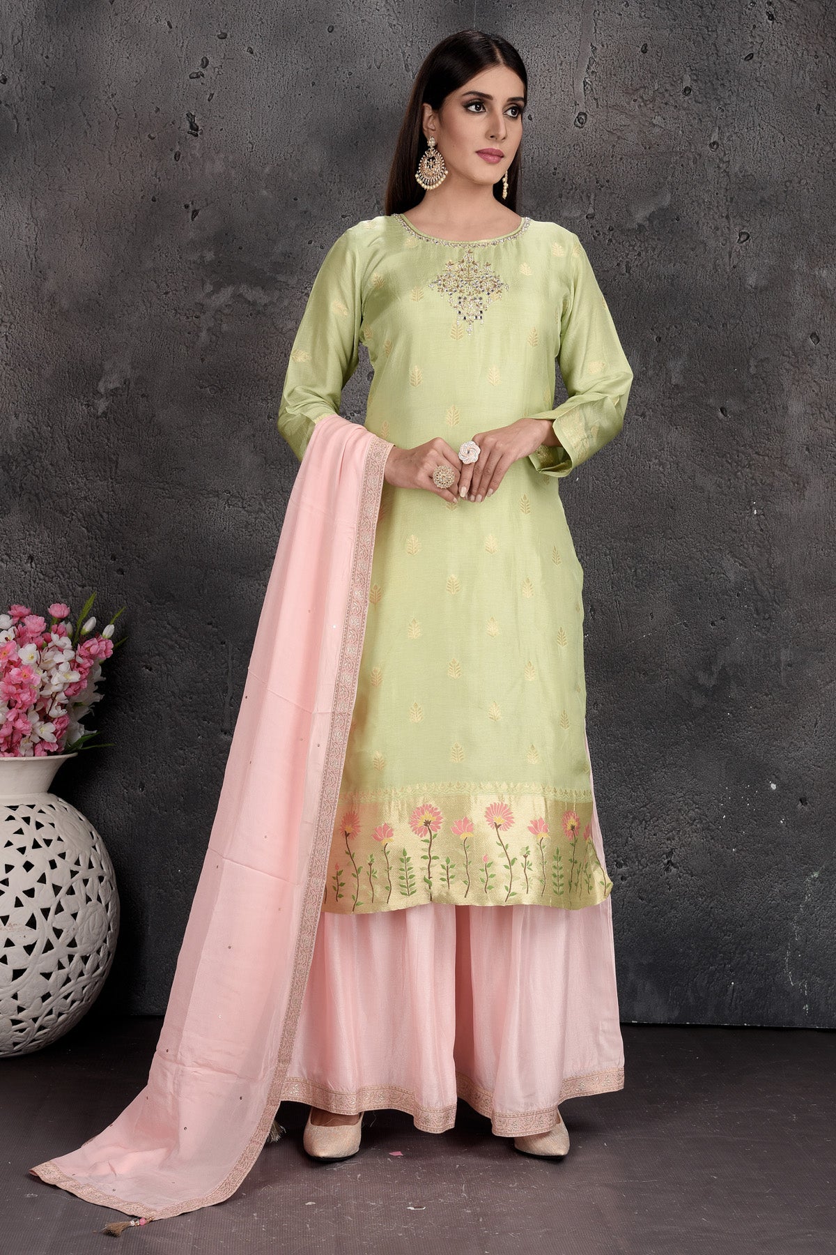 Buy stunning mint green and powder pink embroidered suit online in USA with dupatta. Set a fashion statement at parties in designer Indian dresses, Anarkali suits, designer lehengas, gowns, Indowestern dresses from Pure Elegance Indian fashion store in USA.-full view