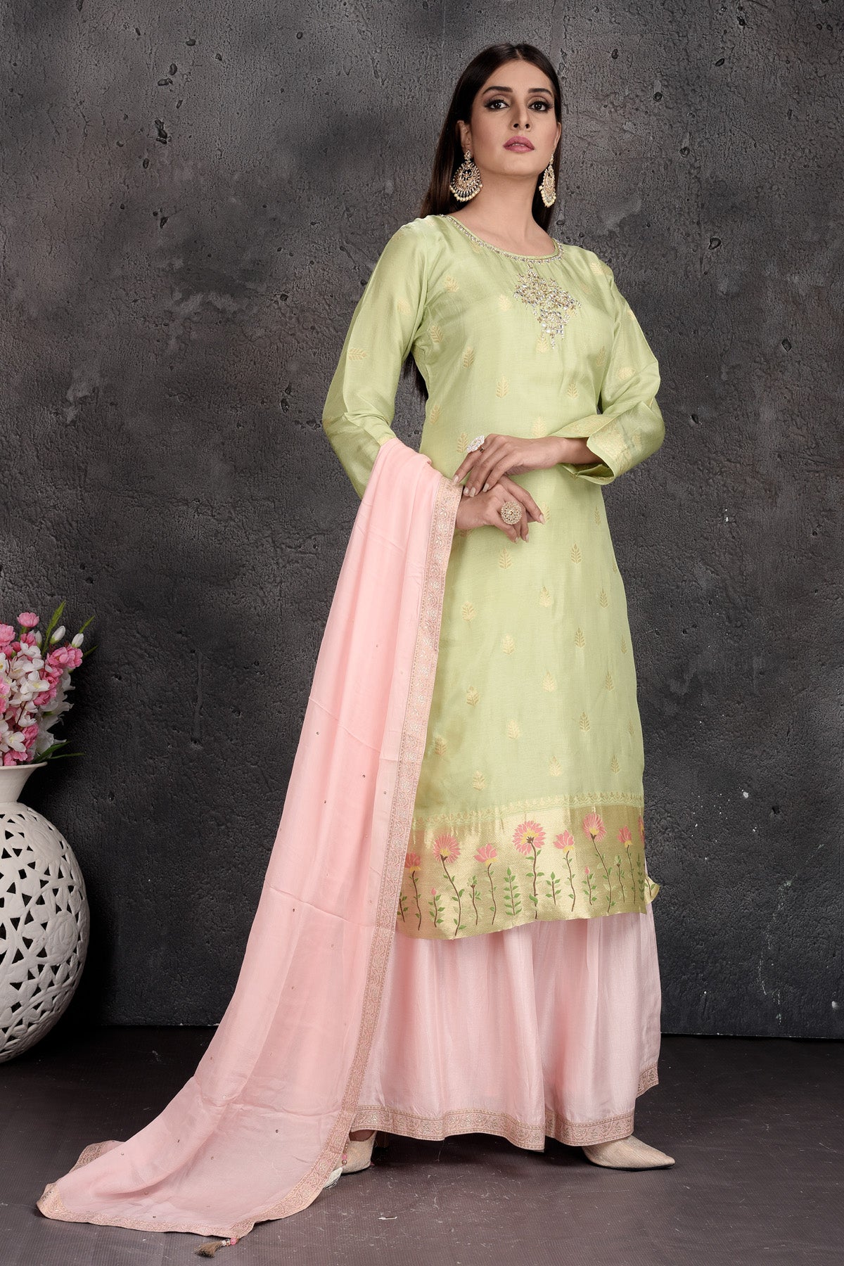 Buy stunning mint green and powder pink embroidered suit online in USA with dupatta. Set a fashion statement at parties in designer Indian dresses, Anarkali suits, designer lehengas, gowns, Indowestern dresses from Pure Elegance Indian fashion store in USA.-side