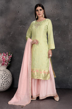 Buy stunning mint green and powder pink embroidered suit online in USA with dupatta. Set a fashion statement at parties in designer Indian dresses, Anarkali suits, designer lehengas, gowns, Indowestern dresses from Pure Elegance Indian fashion store in USA.-left