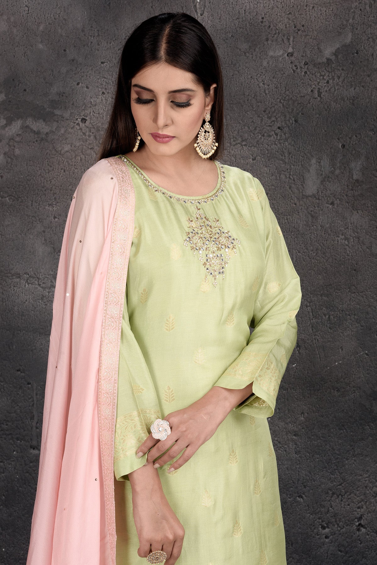 Buy stunning mint green and powder pink embroidered suit online in USA with dupatta. Set a fashion statement at parties in designer Indian dresses, Anarkali suits, designer lehengas, gowns, Indowestern dresses from Pure Elegance Indian fashion store in USA.-closeup