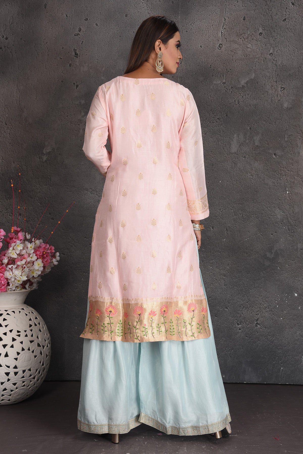 Buy beautiful powder pink and blue palazzo suit online in USA with dupatta. Set a fashion statement at parties in designer dresses, Anarkali suits, designer lehengas, gowns, Indowestern dresses from Pure Elegance Indian fashion store in USA.-back