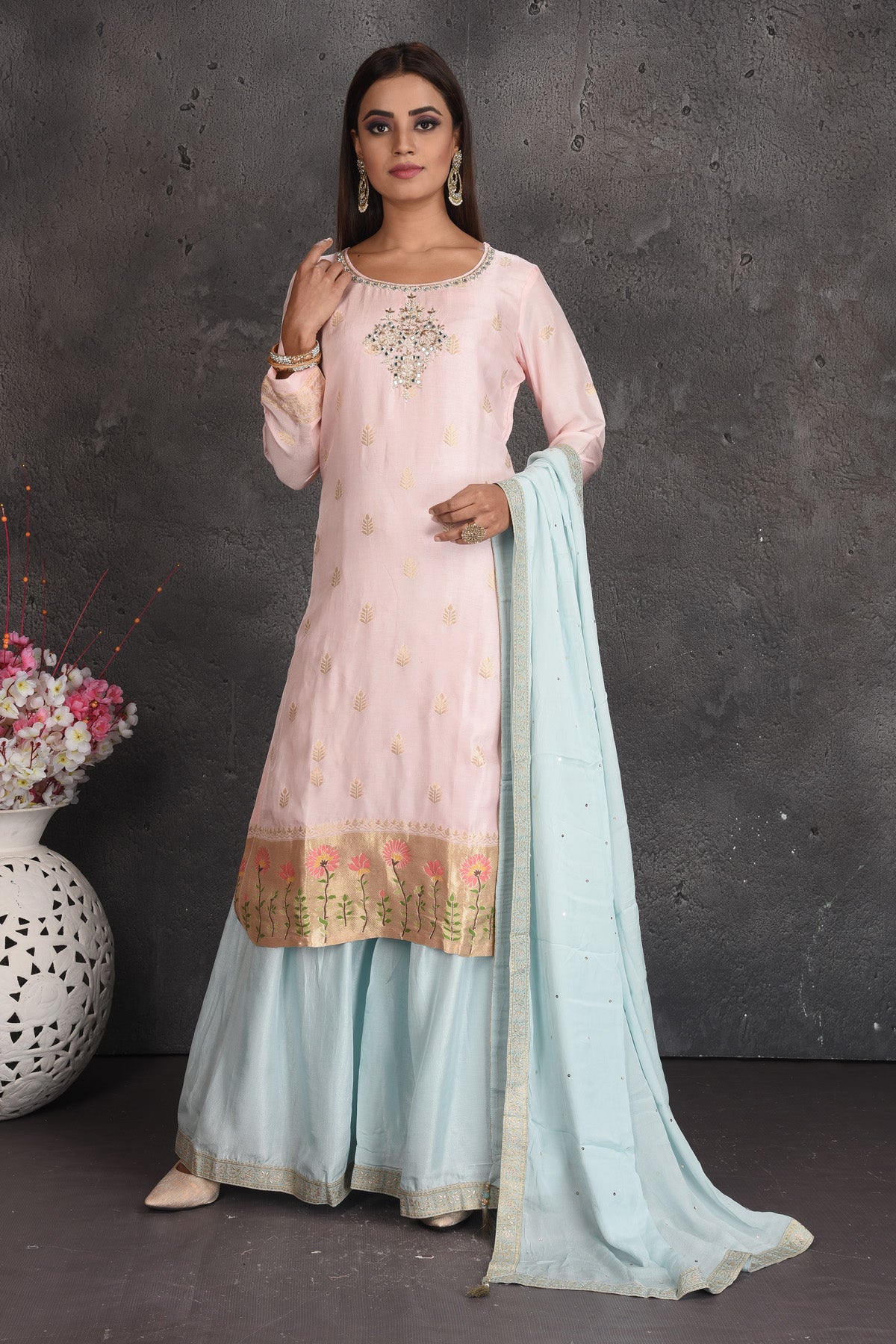Buy beautiful powder pink and blue palazzo suit online in USA with dupatta. Set a fashion statement at parties in designer dresses, Anarkali suits, designer lehengas, gowns, Indowestern dresses from Pure Elegance Indian fashion store in USA.-full view