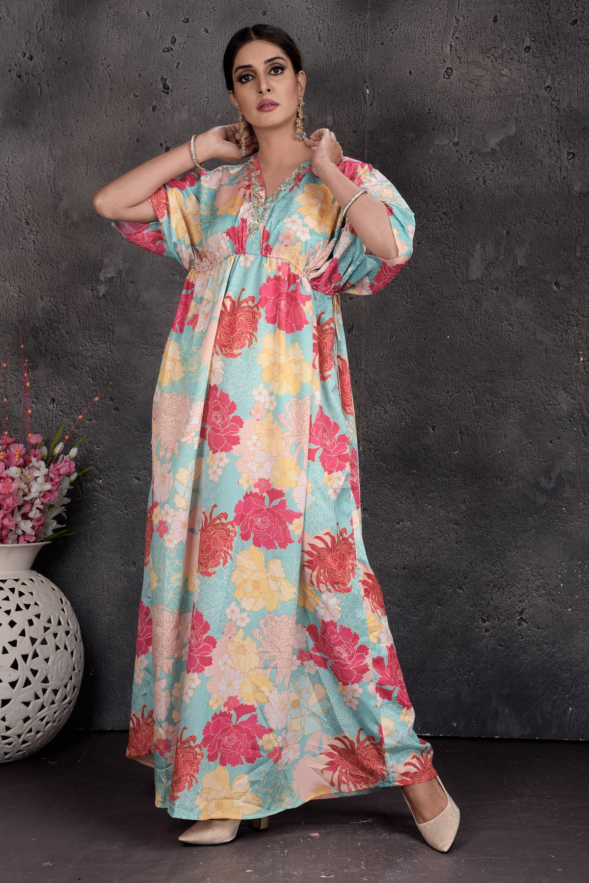 Buy stunning light blue floral kaftaan online in USA. Set a fashion statement at parties in designer Indian dresses, Anarkali suits, designer lehengas, gowns, Indowestern dresses from Pure Elegance Indian fashion store in USA.-front