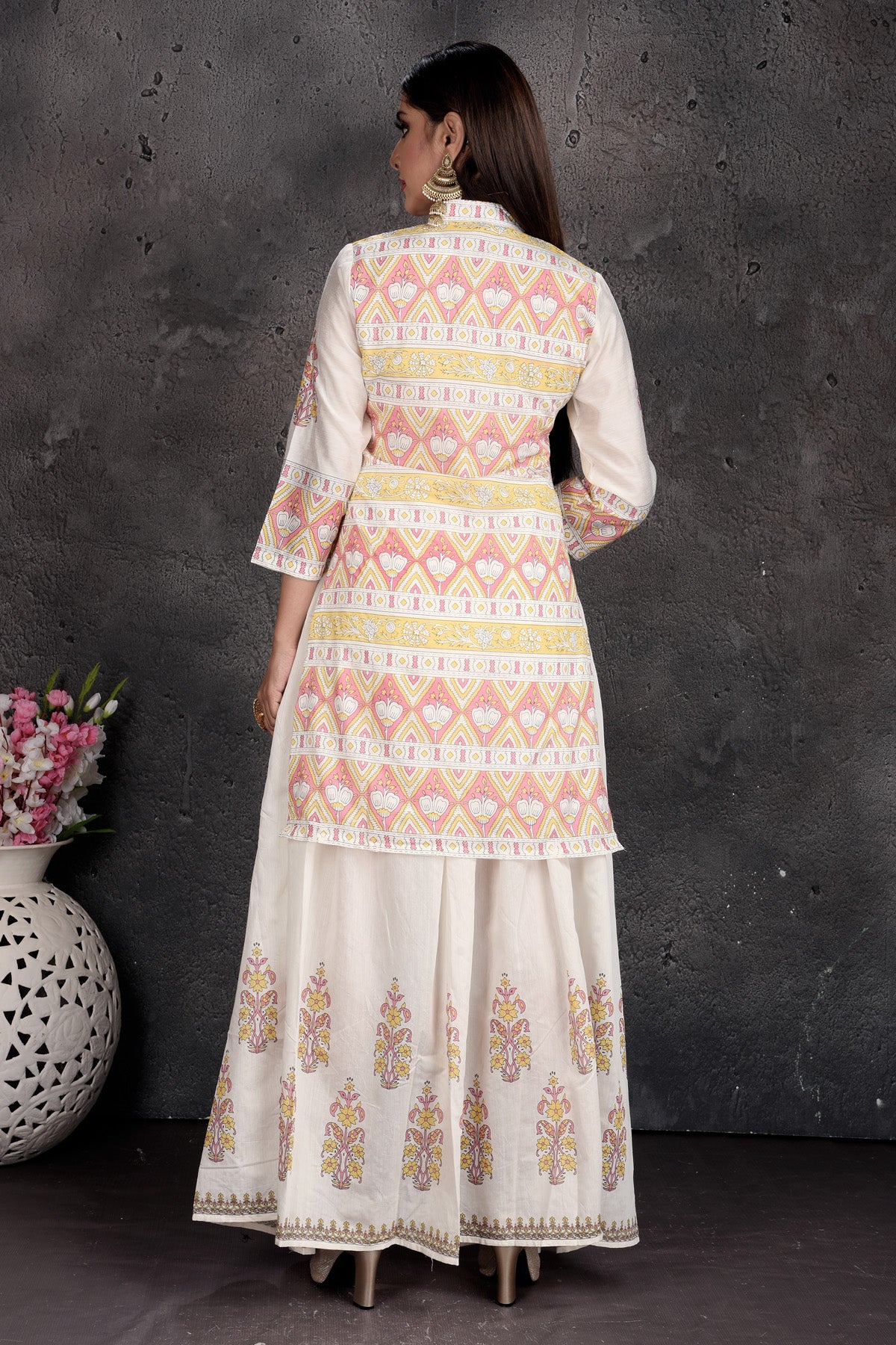 Shop stunning off-white print skirt with kurti online in USA. Set a fashion statement at parties in designer Indian dresses, Anarkali suits, designer lehengas, gowns, Indowestern dresses from Pure Elegance Indian fashion store in USA.-back