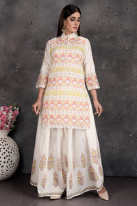 Shop stunning off-white print skirt with kurti online in USA. Set a fashion statement at parties in designer Indian dresses, Anarkali suits, designer lehengas, gowns, Indowestern dresses from Pure Elegance Indian fashion store in USA.-full view