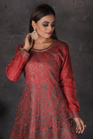 Buy beautiful tomato red embroidered sharara suit online in USA with grey dupatta. Set a fashion statement at parties in designer dresses, Anarkali suits, designer lehengas, gowns, Indowestern dresses from Pure Elegance Indian fashion store in USA.-closeup