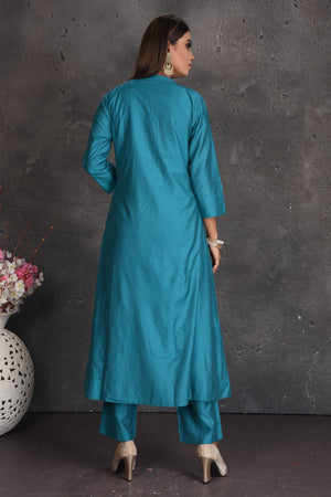 Shop stunning sea blue pant suit online in USA with embroidered dupatta. Set a fashion statement at parties in designer dresses, Anarkali suits, designer lehengas, gowns, Indowestern dresses from Pure Elegance Indian fashion store in USA.-back